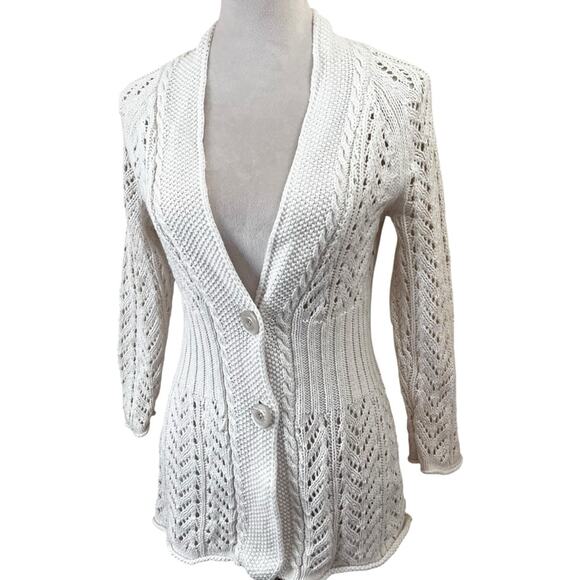 Women’s M Linen/Cotton White Lace Knit Cardigan Cottagecore Crochet Eddie Bauer - Picture 1 of 9